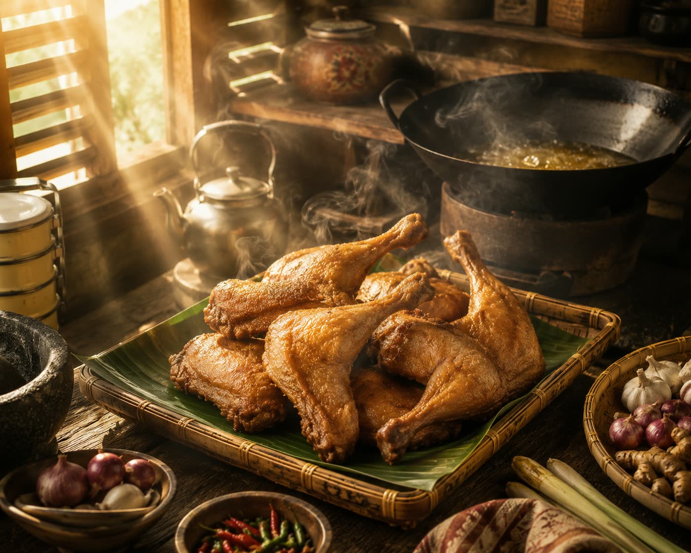 Golden-fried ayam kampung on a banana leaf in a traditional kampung kitchen