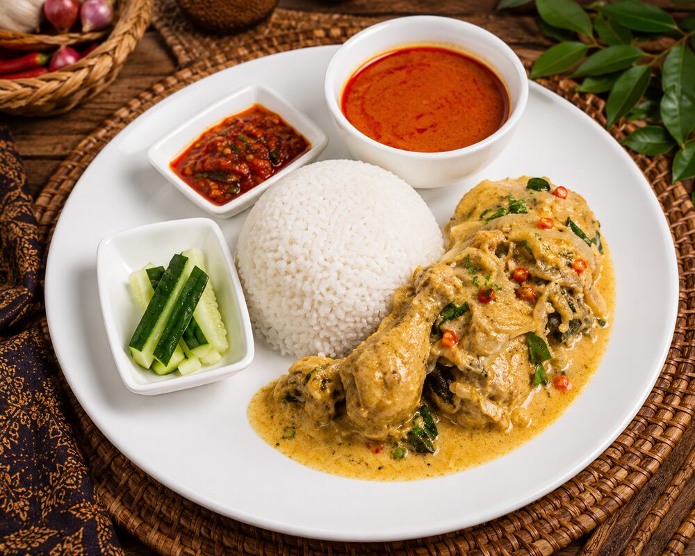 Set Ayam Kampung Salted Egg with rice, gulai kawah, sambal cicah and cucumber